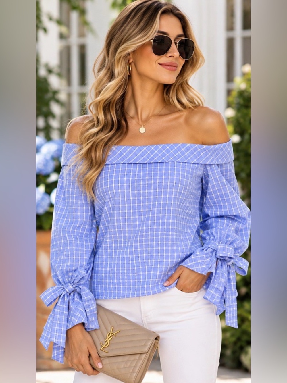JOA Los Angeles Blue Plaid Off Shoulder Blouse Tie Cuff Size Small